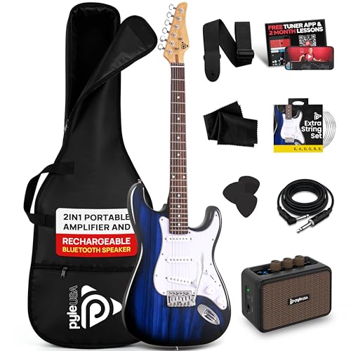Pyle E-Gitarren-Set in voller Größe mit 5-W-Verstärker, Gigbag, Plektren, Ersatzsaiten und Gurt, ST-Style Anfängergitarre mit 22 Bünden, Korpus aus Paulownia-Holz, Blau