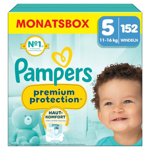 Pampers Premium Protection Größe 5, 152 Windeln, 11kg-16kg, Doppelter Schutz für die Haut und vor Auslaufen