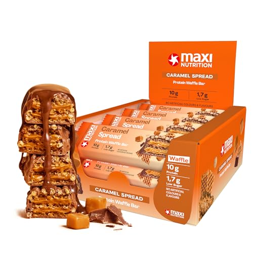 MaxiNutrition Caramel Spread Protein Waffle Bar, 27% Eiweiß, 192 kcal, (12 Eiweißriegel x 39g), Ohne Zuckerzusatz