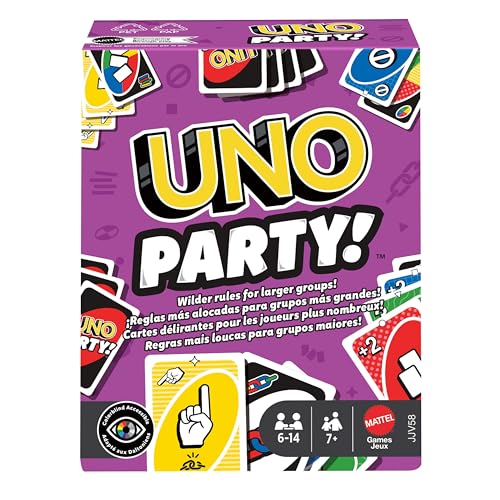 Mattel Games UNO Party Kartenspiel mit mit Karten und Sonderregeln für große Gruppen, für Kinder, Erwachsene und Spieleabende mit der Familie, 6 bis 14 Spieler, ab 7 Jahren, JJV58