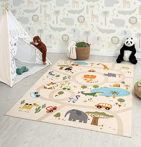 the carpet Happy Life – Kinderteppich Spielteppich mit Straßen‑Motiv, Dschungel, Tiere & Autos, rutschfest & pflegeleicht, ideal fürs Kinderzimmer, Beige, 80 x 150 cm