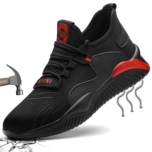 Sportlich Sicherheitsschuhe Herren 42 Arbeitsschuhe mit Stahlkappe Sommer Arbeit Schuhe Männer Sicherheit Sneaker Turnschuhe Schutzschuhe Leicht Atmungsaktiv Safety Shoes Schwarz Rot 797