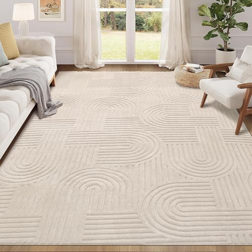 Enyhom Teppich Wohnzimmer 160x230cm, Großer Flauschiger Kurzflor Teppich Waschbarer Moderner Teppiche 3D Effekt rutschfest Teppiche für Esszimmer Küchen Schlafzimmer, Beige
