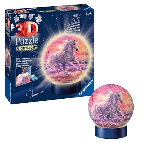 Ravensburger 3D Puzzle 11843 - Nachtlicht Puzzle-Ball Pferde am Strand - ab 6 Jahren, LED Nachttischlampe mit Klatsch-Schalter