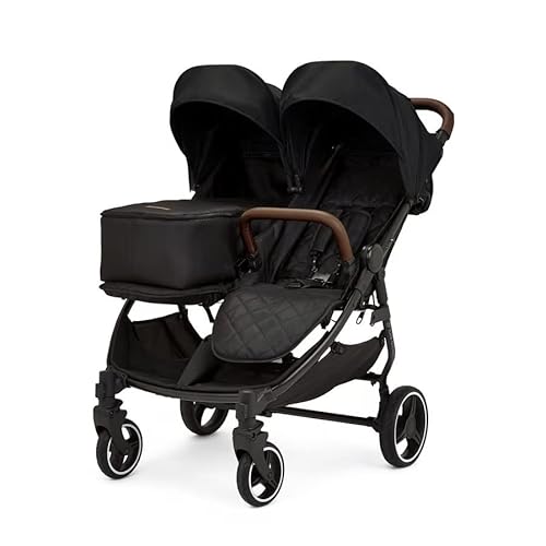 Ickle Bubba Venus Prime Doppelkinderwagen - geeignet von Geburt bis 15 kg (ca. 3 Jahre), leichter, faltbarer Zwillingskinderwagen mit Neugeborenenkokon, 2 Fußwärmern und Regenschutz (Schwarz)