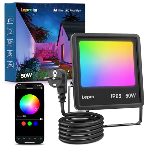 Lepro AI Smart 50W Led Strahler Außen F1, RGB Dimmbar Außenstrahler, Personalisierter KI-Lichtdesigner, Musik Sync/APP Sprachsteuerung, IP65 Wasserdicht Fluter für Garten, Kompatibel mit Alexa/Google
