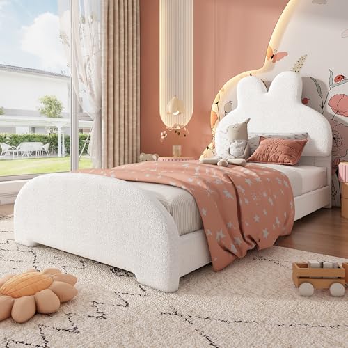 Merax Kinderbett Polsterbett 90x200, Mädchen Einzelbett mit Bettkopf in Hasenohrenform, Jugendbett Bettgestell mit Lattenrost, Cartoon niedlich Stil, Teddy-Samtstoff, Weiß (ohne Matratze)