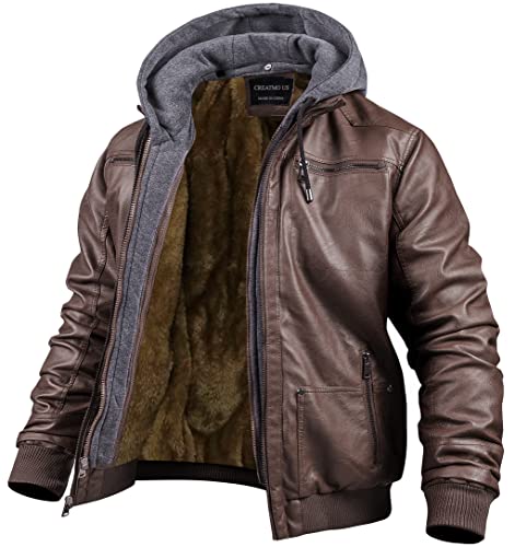 CREATMO US Herren Kunstleder Jacke Motorradjacke Wasserdicht Winddicht PU Moto Oberbekleidung Vintage Bomber Hoodie mit abnehmbarer Kapuze, Mit Samt ausgekleidet, Large