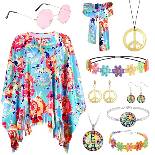 Jokureao 12Stück 60s 70s Hippie Kostüm Set für Damen, Flower Power Kleidung mit Poncho und Zubehör, Hippie Faschingskostüm, 70er Jahre Kostüm Damen für Fasching Karneval Modeparty