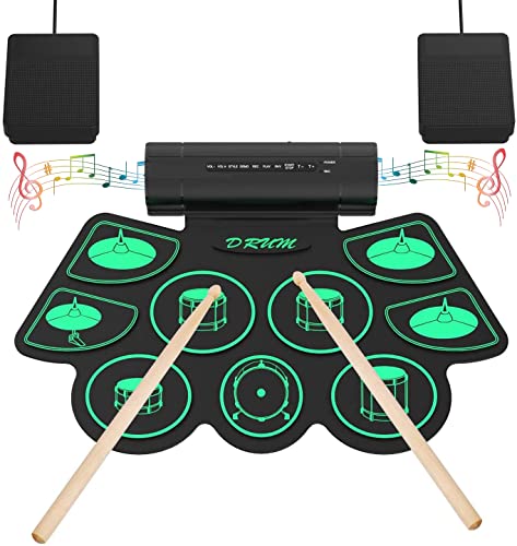 Uverbon Elektronisches Schlagzeug-Set, tragbar, mit 9 Drum-Pads, Perkussionsinstrumente, integrierter Stereo-Lautsprecher, mit 2 Fußpedal, für Kinder und Anfänger