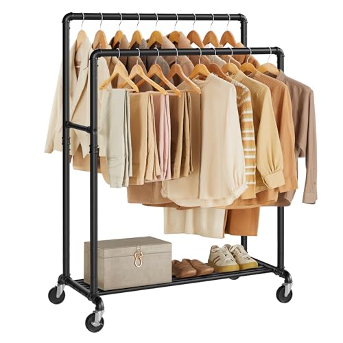 SONGMICS Kleiderständer, Kleiderstange, Garderobenständer mit 2 Kleiderstangen und Ablage, Rollen, bis 110 kg belastbar, Industrie-Design, für Schlafzimmer, Ankleidezimmer, schwarz HSR60B