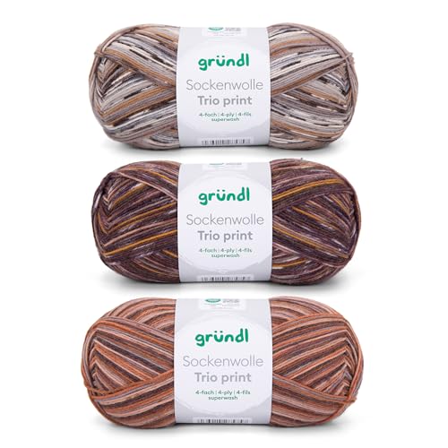 Gründl Wolle Sockenwolle Trio - Strickgarn für 3 Paar Socken - Strapazierfähig und hautfreundlich - 75% Schurwolle, 25% Polyamid - 3 Knäuel 100 g / 420 m - Nadelstärke 2,5-3 - braun senf grau