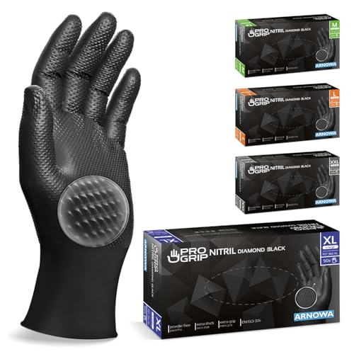 PROGRIP Einweghandschuhe Diamant Grip, Schwarz, Einmalhandschuhe Extra Stark, Nitrilhandschuhe Gr. XL, 2x dicker, Handschuhe Einweg, Arbeitshandschuhe für Werkstatt & Montage, 50 Stk/Box