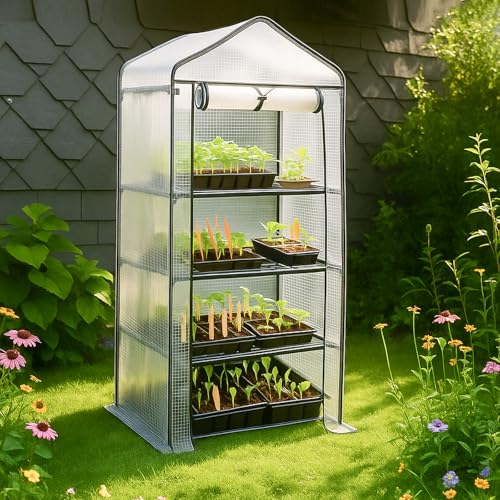 Gegaden Foliengewächshaus mit 4 Etagen, Gewächshaus für Balkon Gewächshaus klein, Tomatengewächshaus, Garten Anzuchthaus, Anzuchtregal Greenhouse Stabil, 69 x 50 x 158 cm, Weiß