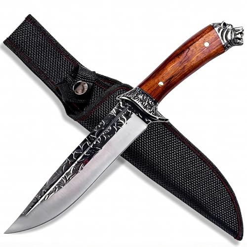 GER-SABER Outdoor Messer 30 cm – Clip-Point-Klinge mit Hammerschlag-Optik, Verzierter Handschutz mit Wolf-Motiv, Schwarznussbaum-Griff, Robuster Naturbegleiter