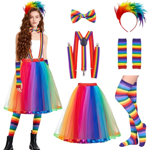 HuaMuDM Damen Regenbogen Kostüm Set,6 Stück Regenbogen Kostüm Damen,Regenbogenrock für Karneval Kostüm,Kleider,FederGürtel,Strümpfe,Ärmel,Schmetterlingskrawatten,Karneval,Party