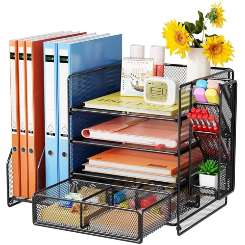 Casavibe Schreibtisch Organizer mit Aktenhalter - 5-Tier Briefablage Ablagefächer mitSchublade,4 Stithalter, Schreibtisch-Aufbewahrung, Zeitschriftenhalter fürBürobedarf (schwarz)