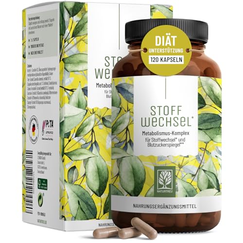 Stoffwechsel Kapseln Diät Unterstützung - Hochdosiert mit Grünem Tee, Forskohlii, Cholin, Spargel, Bittermelone, Garcinia Cambogia & Chrom - 120 Stoffwechsel Kapseln vegan von NATURTREU®