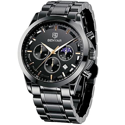 BENYAR by Uhren Herren Edelstahl Armbanduhr Herren Chronograph Analog Quarz Wasserdicht Herrenuhr Leuchtende Datum Mode Lässig Business-Kleid Uhren Elegantes Geschenk fur Männer