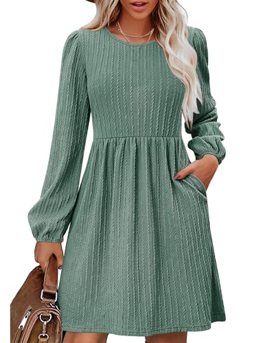 Zeagoo Damen Kleid Langarm Rundhals Strickkleid Casual Loose Fit Herbstkleid A Linie Kleider Winter Dress Freizeitkleid Grün L