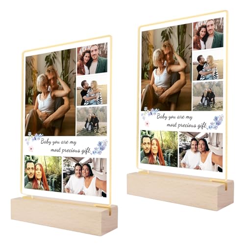 loongway Personalisierter Acryl Bilderrahmen mit Name&Foto, Beleuchteter Bilderrahmen,Fotorahmen mit LED Nachtlicht,3-Farben Lichtmodus, Geschenke für frauen&männer, Geburtstag