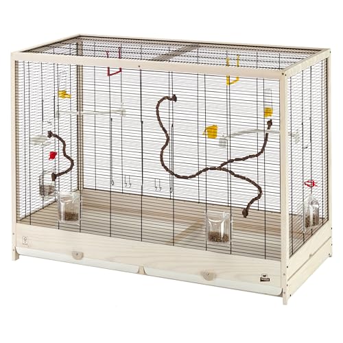 Ferplast Vogelkäfig aus Metall und FSC-Holz, für Kanarienvögel, Sittiche, inkl Zubehör, Futternäpfe, abnehmbare und veränderbare Sitzstangen, 113,5 x 53 x H 82 cm.