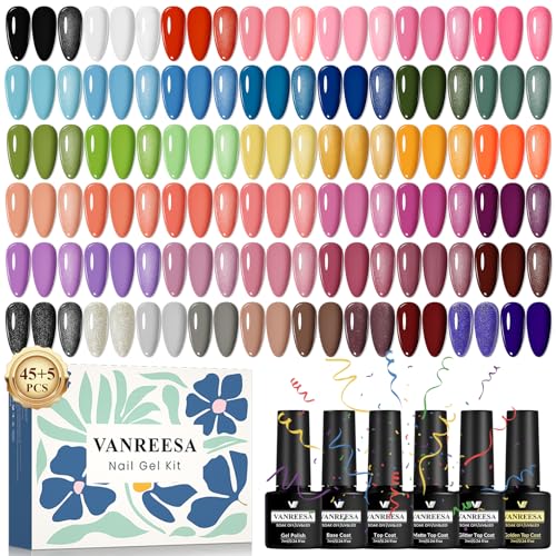 VANREESA U V Nagellack Set, 50 Stück Gel Nagellack Set mit Unterlack und Überlack 45 Farben Gelnägel Starterset Rosa Lila Schwarz Maniküre Kit Soak off Gel Nail Polish Geschenk für Frauen