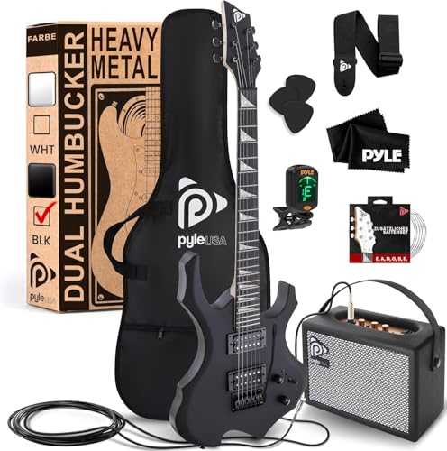 Pyle E Gitarre – Electric Guitar Set – E Gitarre Set mit Elektrische Gitarre, E-Gitarre Verstärker, Gitarren Tasche, Saiten, Gurt, Stimmgerät & Kabel, für Heavy Metal & Reisegitarre, Gitarre Schwarz