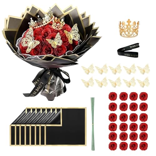 RANJIMA Glitzer Rosenstrauß, 24 Stück IY Gefälschte Glitzer Rot Blumensträuße mit Krone, Kunstrosen Blumen Fake Rosen Deko für Valentinstag, Hochzeit, Geburtstag, Jahrestag, Verlobung, Muttertag