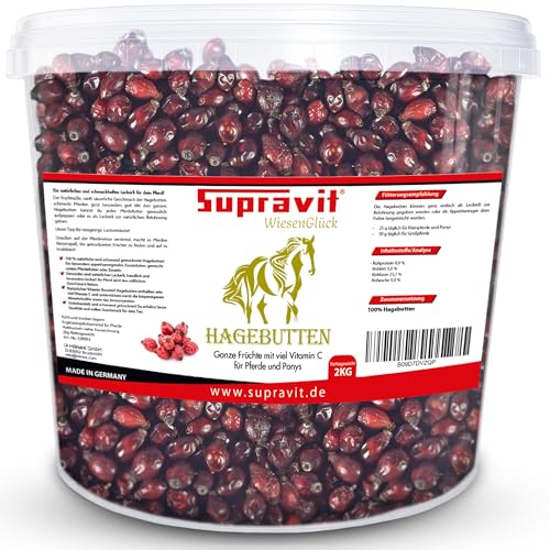 Supravit Hagebutten Pferd | Mit viel Vitamin C für Pferde und Ponys | 2kg Eimer I Ganze getrocknete Früchte - natürliche Pferdeleckerlis ohne Zucker | Erstklassige Qualität