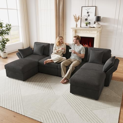 Merax Ecksofa modulares U-förmiges Sofa mit multifunktionalem Fußhocker (L/U-Form), verstellbaren Armlehnen, Cordstoff, 4-Sitzer Couch für Wohnzimmer/Schlafzimmer, Grau