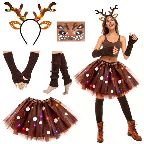 GEVECORI Reh Kostüm Damen, Karneval Kostüm mit LED Brauner Tüllrock, Rentier Haarreif Reh Gesichtstattoo, Beinwärmer Armstulpen, Faschingskostüme für Fasching, Karneval Weihnachtskostüm