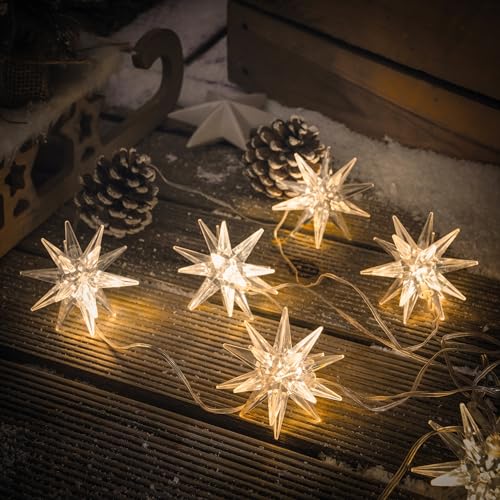 esotec Solar-Lichterkette außen | 10 LED Advent-Sterne warmweiß 3 Meter | LiFePo4 Akku Solarmodul Erdspieß Wandhalterung | Winter aussen Garten-Licht Terrasse Weihnachten wetterfest 102579