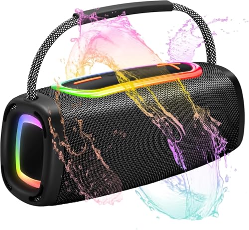 Tragbarer Bluetooth Lautsprecher mit Griff, 66MM Sprecherdurchmesser, BT5.3/24W/IP-X6 Wasserdicht Drahtloser Stereo-Kopplungslautsprecher mit RGB Multi-Color-Rhythmus-Lichter für Zuhause/Outdoor/Party