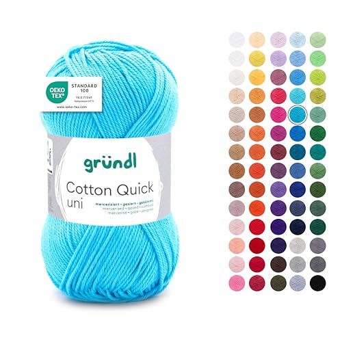 Gründl Wolle Cotton Quick uni - dünne Wolle zum Häkeln - Strickgarn - Häkelgarn - Glänzend und hautfreundlich - 100% Baumwolle - 1 Knäuel 50 g / 125 m - Nadelstärke 3-4 - Wasserblau