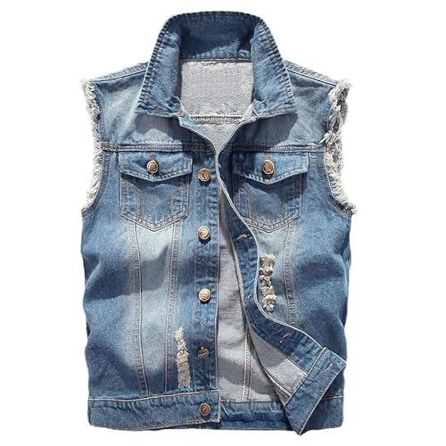 Momooda Herren Zerrissene Jeans Weste aus Baumwolle, Lässige Denim Weste, Ärmellos Jacke, Motorrad Weste für Männer, Hellblau, XL