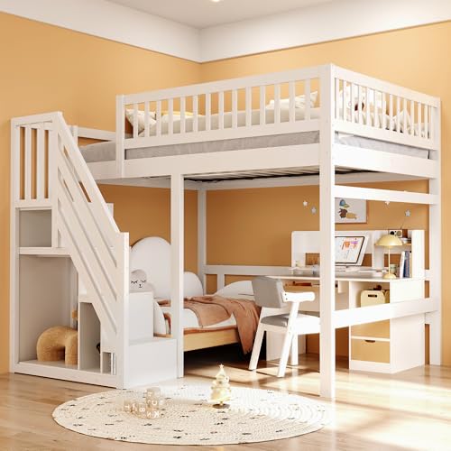 Etagenbett 140x200, Kinderbett Hochbett mit Treppe und Aufbewahrungsschrank, Funktionsbett Doppelbett Stockbett Spielbett Kinderhochbett Jugendhochbett mit Lattenrost, Massivholz, Ohne Matratze, Weiß