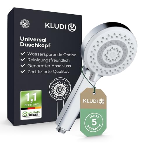KLUDI-X1 Universal Duschkopf wassersparend als Option, Duschbrause mit 3 Strahlarten (Body, Hair, Skin), reinigungsfreundlicher Brausekopf Ø 10,7 cm, Shower Head mit Antikalk-Funktion in Chrom