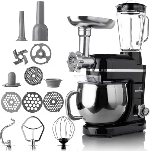 LEHMANN 3 in 1 Multifunktions Küchenmaschine mit Fleischwolf und 1.5L Standmixer, Knetmaschine mit 5L Edelstahlschüssel, 6 Geschwindigkeiten und Pulse, Rührmaschine mit großem Zubehör-Set