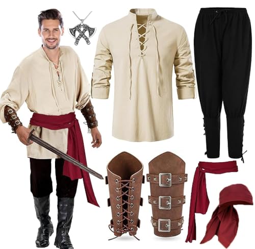 Mittelalter Kleidung Herren, RANJIMA 7 Stück Herren Renaissance Kostüm Set, Mittelalter Viking Kostüm mit Handgelenkgurt, Piratenhemd,herren Lang Hose,Stirnband,Gürtel,Kostüm für Karneval Cosplay(XXL)