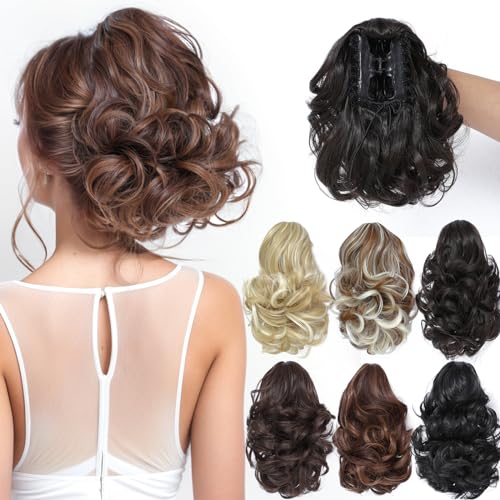 PARXITN Ponytail Extension 20cm Kurz Gelockt Gewellt Schokoladenbraun Claw Clip in Synthetik Haarteil Pferdeschwanz Haarverlängerungen Zopf