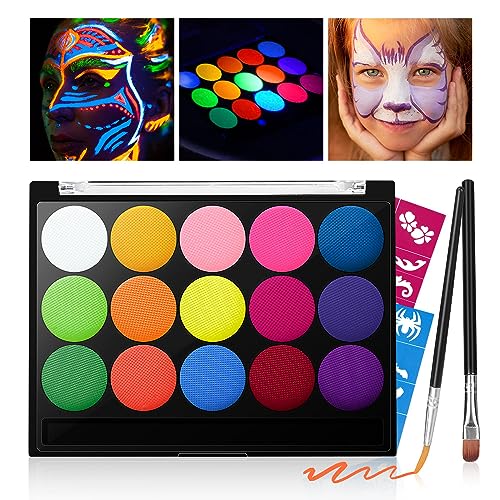 Skymore Kinderschminke Set, UV Bodypainting Farben Fluoreszenz Face Paint 15 Farben Theaterschminke Faschingsschminke für Kinder, Kinderschminke Wasserbasis, Kinderschminken Set für Halloween Karneval