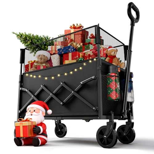 Zusammenklappbarer Mehrzweck-Handwagen mit Rädern, strapazierfähiger Wagen für Gartenarbeit, Camping, Einkaufen, Strand und Outdoor-Sportarten, schwarz, max. 120 Liter und 100 kg Tragkraft.
