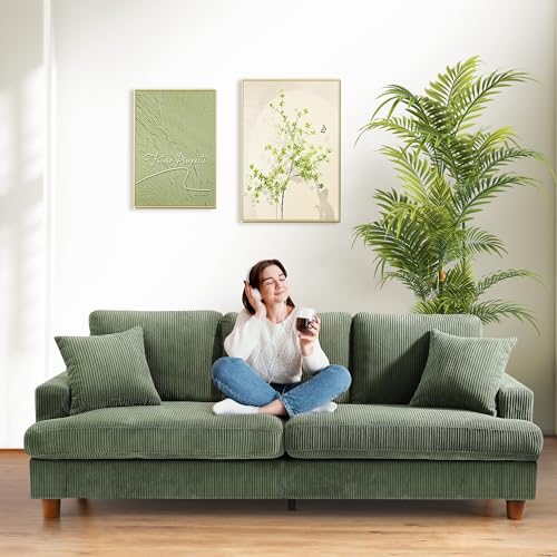 Domusensus 3 Sitzer Sofa Big, 221CM Cord Sofa Wohnzimmer Werkzeugfreie Montage, Schlafzimmer Sofas 53CM Extra Tiefe Sitze, Bequemes Couch mit 2 Kissen, Modernes Couch fürs Büro, Big Sofa Couch Grün
