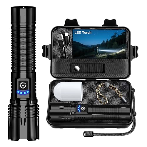 Taschenlampe LED Extrem Hell USB C Aufladbar 50000 Lumen 24 Stunden Akkulaufzeit Taschenlampen Zoombare Torch mit 5 Lichtmodi IP67 wasserdicht, Akku Flashlight Taktische für Camping Wandern Notfäll