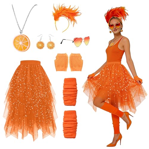 Aperol Kostüm Damen 7 Stück Aperol Apritz Costume Accessoires Tüllrock Orange Damen Karneval Kostüme mit Enthält Haarreif Orange Ohrringe Halskette Herz Sonnenbrille Beinwärmer Netzhandschuhe