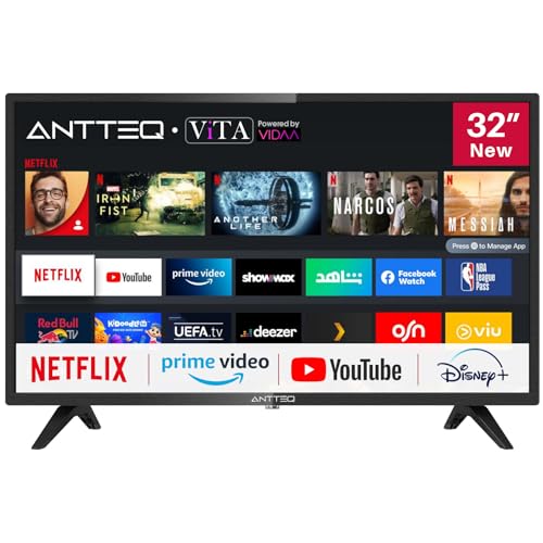 Antteq AV32 Fernseher 32 Zoll (80 cm) Smart TV mit Netflix, Prime Video, Rakuten TV, DAZN, Disney+, YouTube, UVM, WiFi, Triple-Tuner DVB-T2 / S2 / C, Dolby Audio 2024