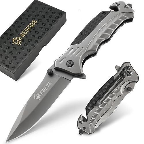 NedFoss FA46 Taschenmesser, Rettungsmesser mit Gurtschneider & Glasbrecher, Klappmesser mit Gürtelclip, Einhandmesser für Auto, Survival überlebensmesser für Unfallsituationen, Rescue messer