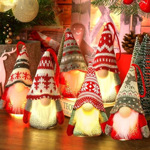 Weihnachtsbaumschmuck, LED-Zwerge, hängende Ornamente, 6 Stück Zwerge mit LED-Licht, Weihnachtsdekoration, Gonks Weihnachten, schwedische nordische Weihnachtsdekoration, Weihnachtsmann, Elfe