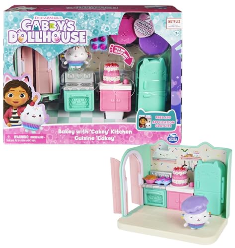 DREAMWORKS GABBY'S DOLLHOUSE - Deluxe Raum, Bakey with Cakey, Küche mit Kuchi (engl. Cakey), 3 Möbelstücken und 2 Überraschungsboxen mit Zubehörteilen, geeignet für Kinder ab 3 Jahren